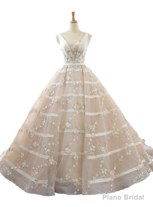 Ivory Ball Gown V-neck Backless Train Appliques Wedding Dress Main image