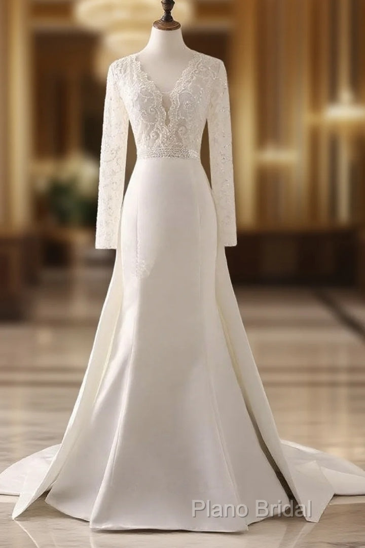 Ivory Lace And Satin V-Neck Long Sleeve Beaded Wedding Dresses Main image