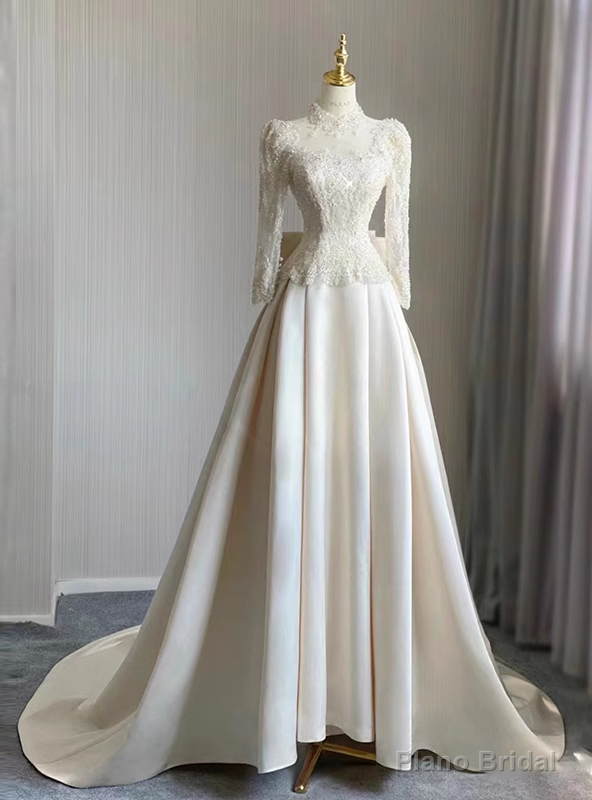 Ivory Satin Long Sleeve Wedding Dress Main image