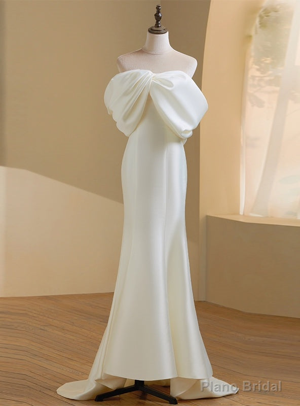 Ivory Satin Off the Shoulder Bow Wedding Dress