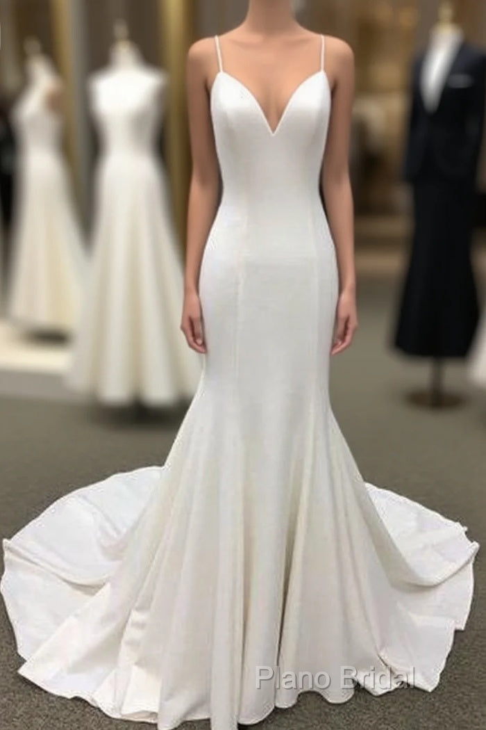 Ivory Satin Spaghetti Straps Open Back Sweet Train Wedding Dresses, Formal Prom Dresses