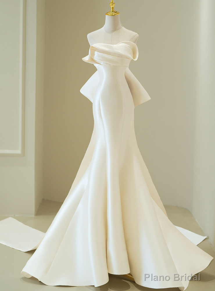 Ivory Satin Strapless Pleats Bow Wedding Dress Main image