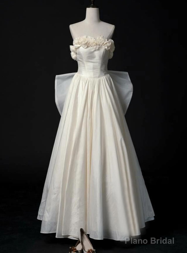 Ivory Satin Strapless Pleats Flower Wedding Dress Main image