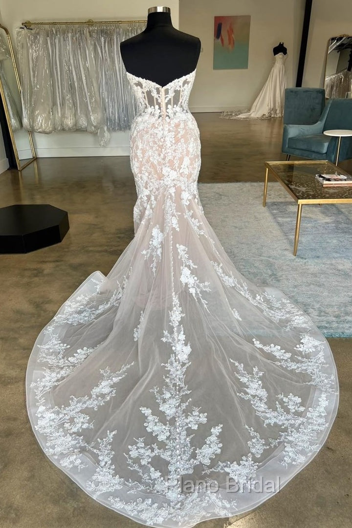 Ivory Strapless Floral Lace Trumpet Long Bridal Gown Wedding Dresses Secondary image