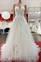 Ivory Tulle Lace Wedding Dresses A-Line Sweetheart Bridal Dresses With Sweep Train Off Shoulder