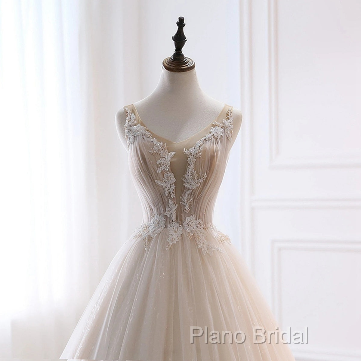 Ivory Tulle With Lace Long Wedding Party Dresses With Sweep Train, Ivory Formal Dresses
