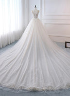 Ivory Tulle With Lace Long Wedding Party Dresses With Sweep Train, Ivory Formal Dresses