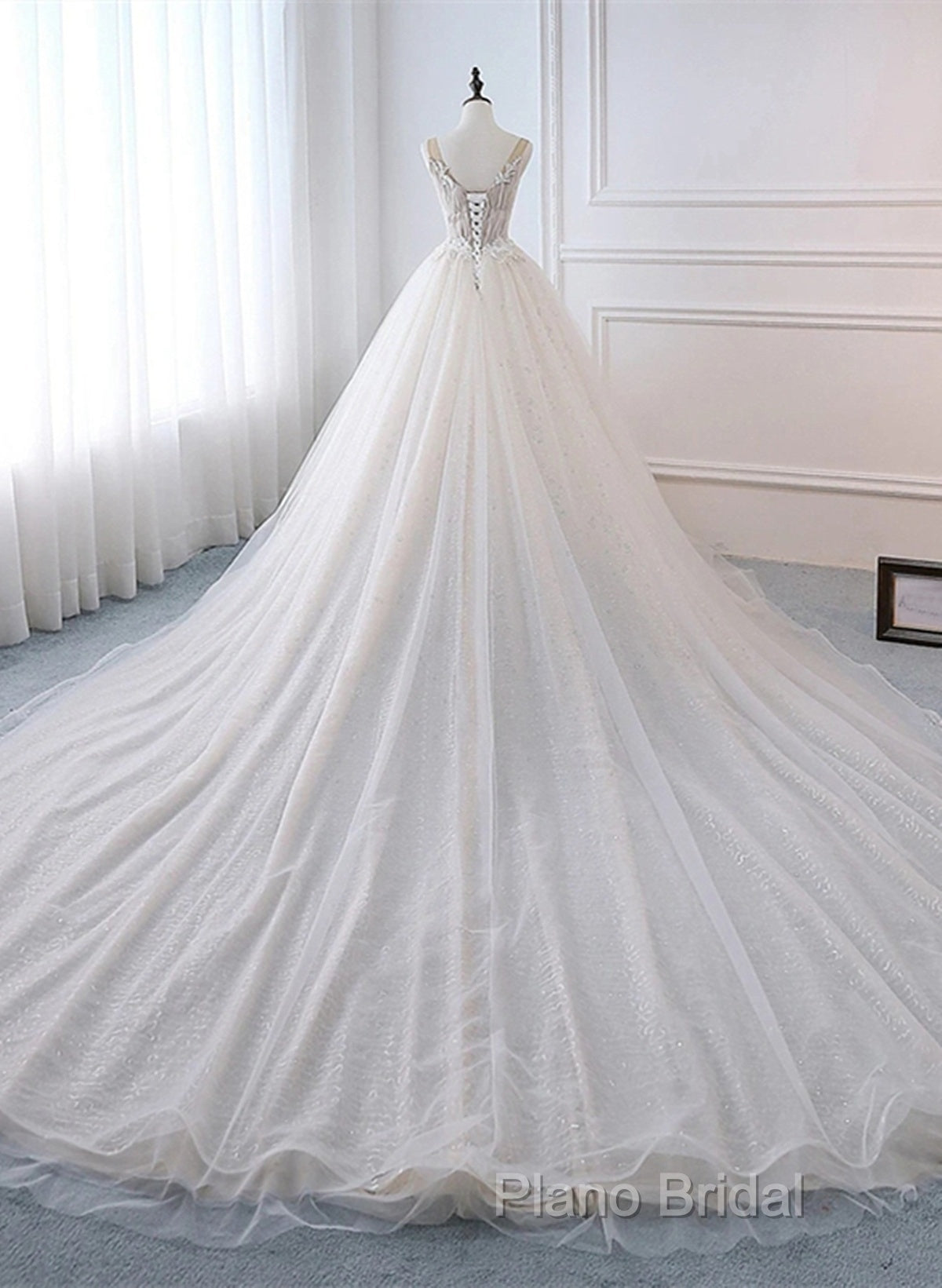 Ivory Tulle With Lace Long Wedding Party Dresses With Sweep Train, Ivory Formal Dresses