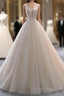 Ivory Tulle With Lace Long Wedding Party Dresses With Sweep Train, Ivory Formal Dresses