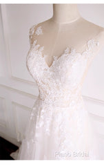 Ivory Tulle With Lace Round Neckline Long Wedding Party Dresses, Ivory Tulle Formal Prom Dresses
