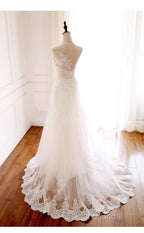 Ivory Tulle With Lace Round Neckline Long Wedding Party Dresses, Ivory Tulle Formal Prom Dresses