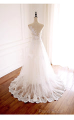 Ivory Tulle With Lace Round Neckline Long Wedding Party Dresses, Ivory Tulle Formal Prom Dresses