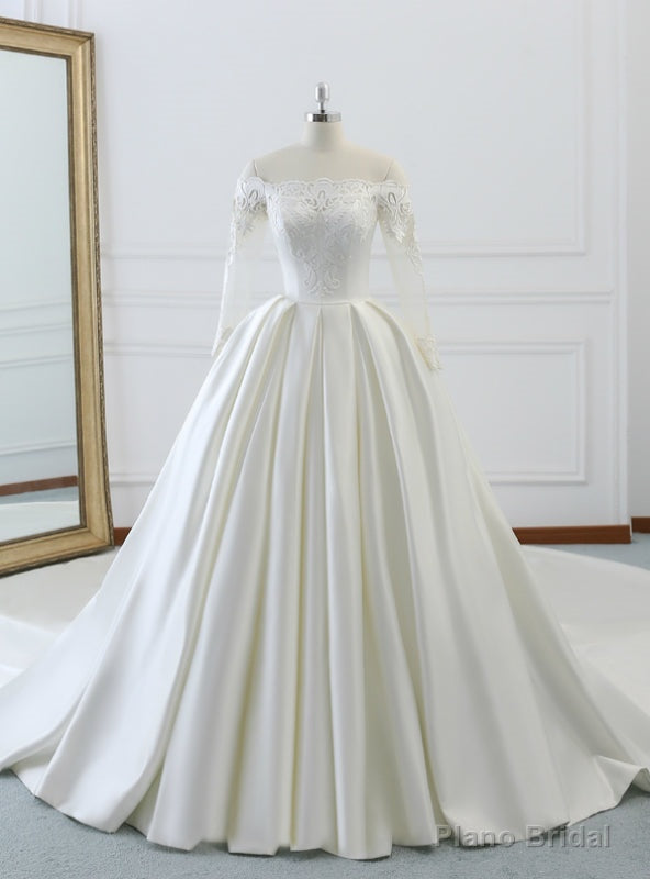 Ivory White Satin Off The Shoulder Long Sleeve Wedding Dress With Train Main image