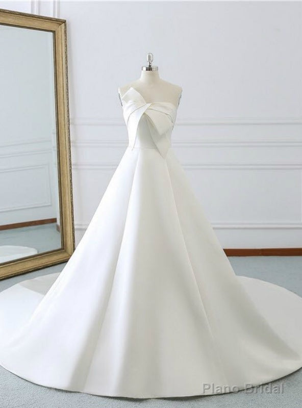Ivory White Strapless Lotus Leaf Butterfly Satin Wedding Dress With Train