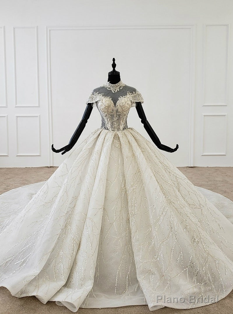 Ivory White Tulle Sequins High Neck Cap Sleeve Beading Wedding Dress Main image