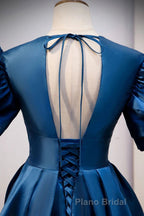 Blue V Neck Satin Short Sleeves Long Formal Prom Dresses Blue Satin Evening Dresses