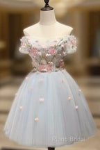 Knee-Length Light Blue Tulle Homecoming Dresses With Appliques