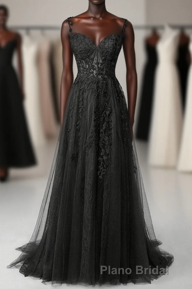 Black Sweetheart Tulle With Lace Long A-Line Formal Prom Dresses, Black Prom Dresses