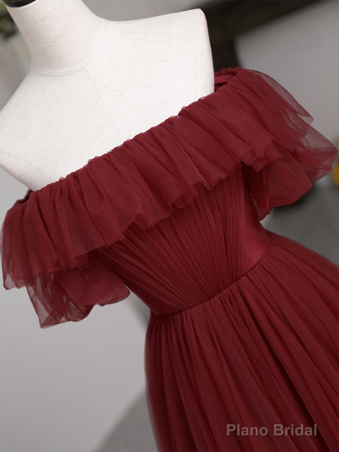 Burgundy Tulle Floor Length Prom Dress, Simple A-Line Evening Party Dress Secondary image