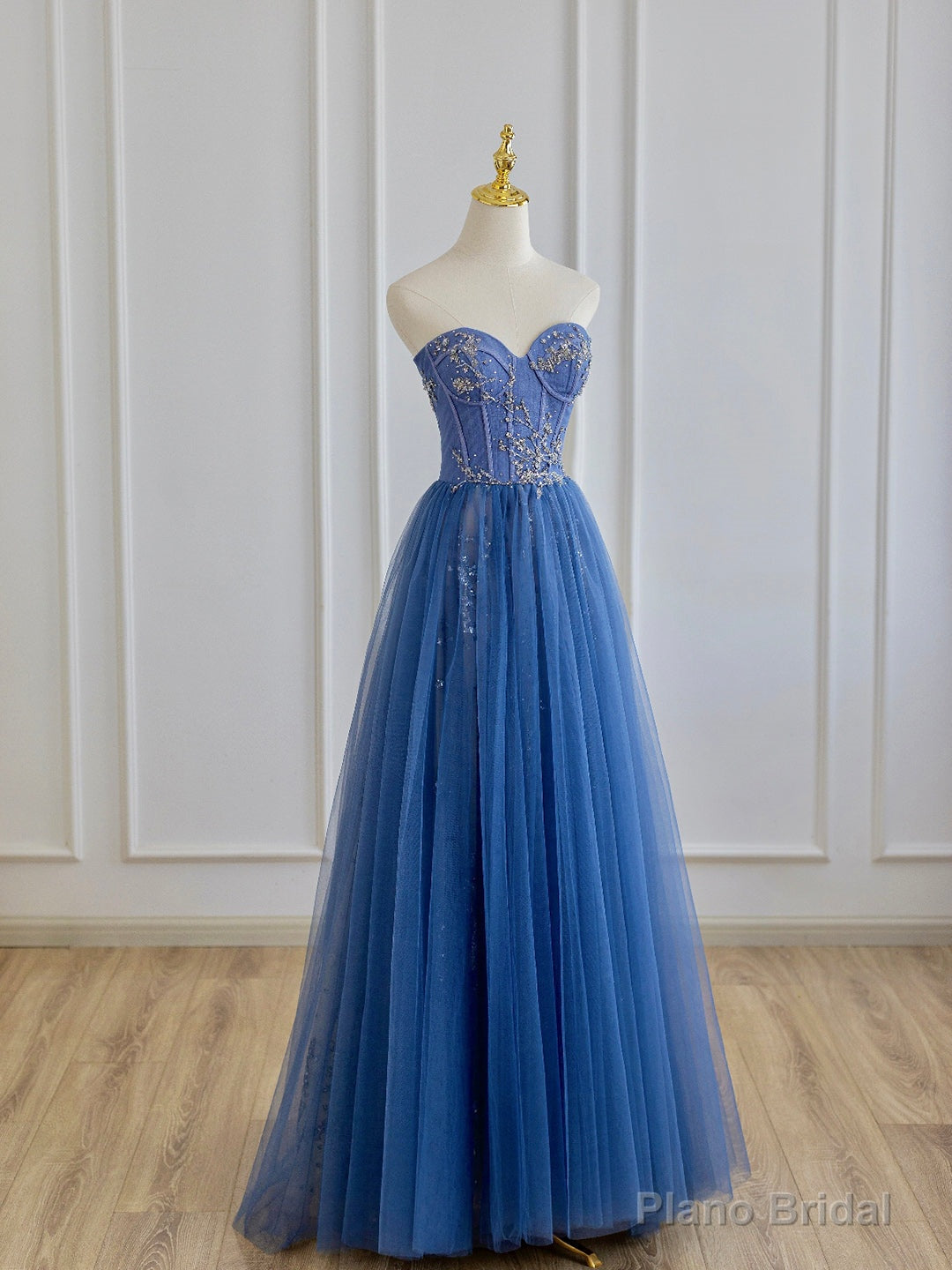 Blue Strapless Tulle Long Prom Dress with Beaded, A-Line Evening Formal Dress Main image