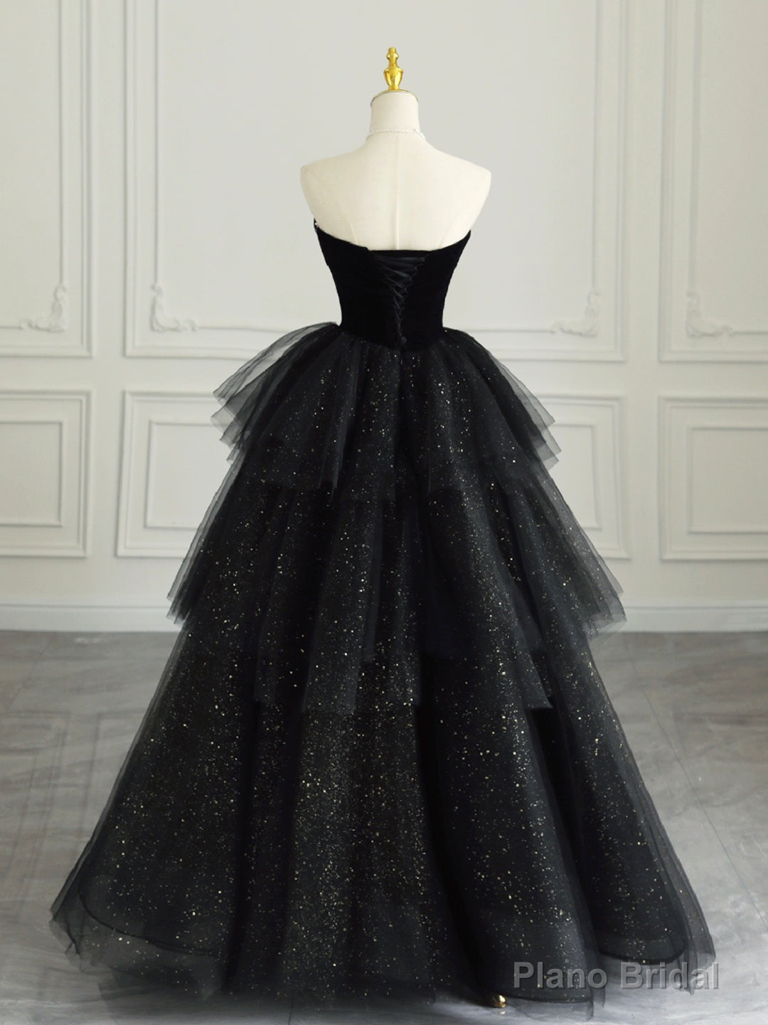 Black Strapless Tulle Formal Dress with Velvet, A-Line Sweetheart Neck Long Prom Dress
