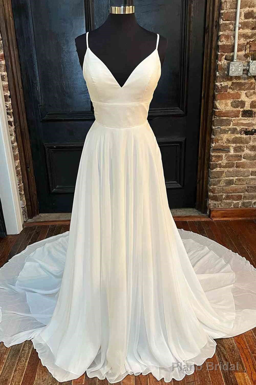 Lace Back White V-Neck A-Line Long Bridal Dress Chiffon Wedding Dresses Main image