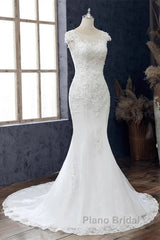 Lace Beaded Cap Sleeve Trumpet Wedding Dresses