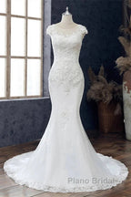 Lace Beaded Cap Sleeve Trumpet Wedding Dresses