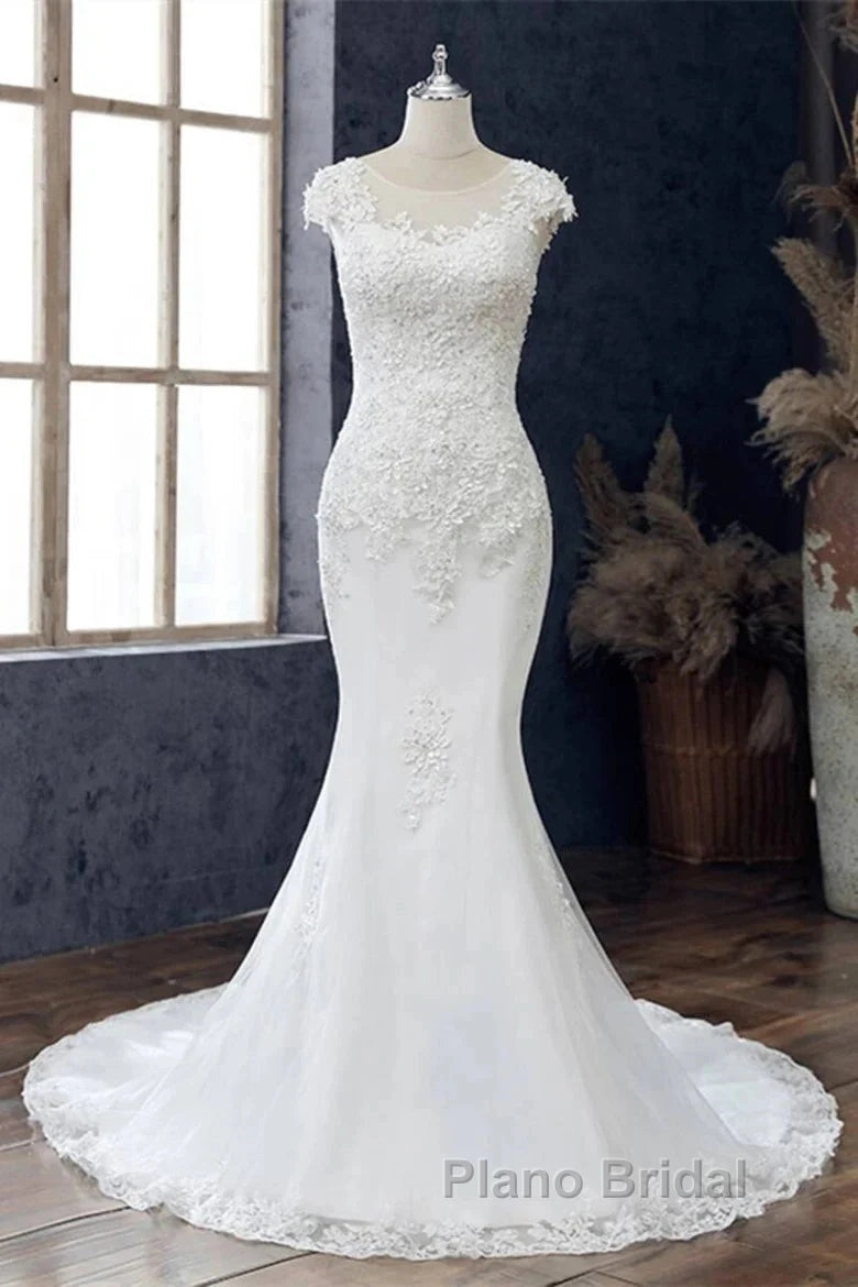 Lace Beaded Cap Sleeve Trumpet Wedding Dresses