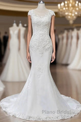 Lace Beaded Cap Sleeve Trumpet Wedding Dresses