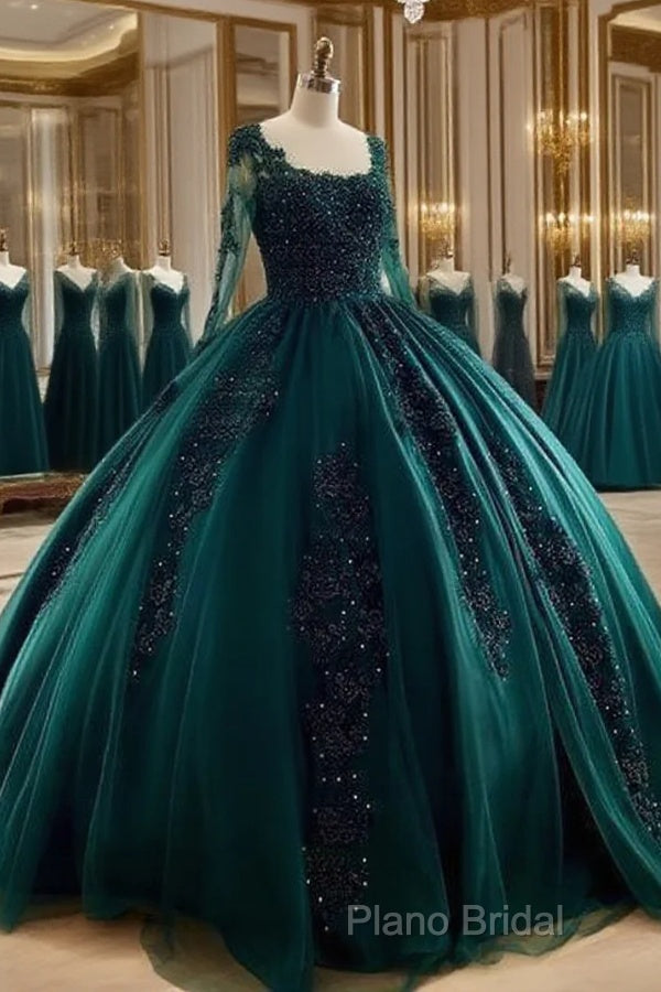 Lace Beaded Green Ball Gown Quinceanera Dresses Long Sleeves Graduation Dresses