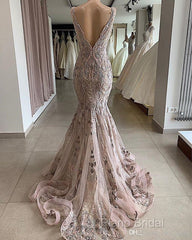 Lace Beaded Sexy African Dubai Formal Dresses Mermaid Backless Formal Prom Dresses Deep V-Neck Formal Party Bridesmaid Pageant Gowns