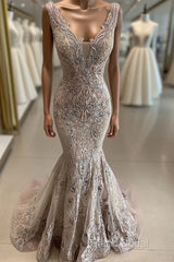 Lace Beaded Sexy African Dubai Formal Dresses Mermaid Backless Formal Prom Dresses Deep V-Neck Formal Party Bridesmaid Pageant Gowns