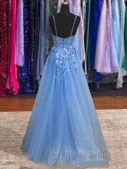 Lace Blue Formal Prom Dresses V Neck Long Formal Dresses Open Back