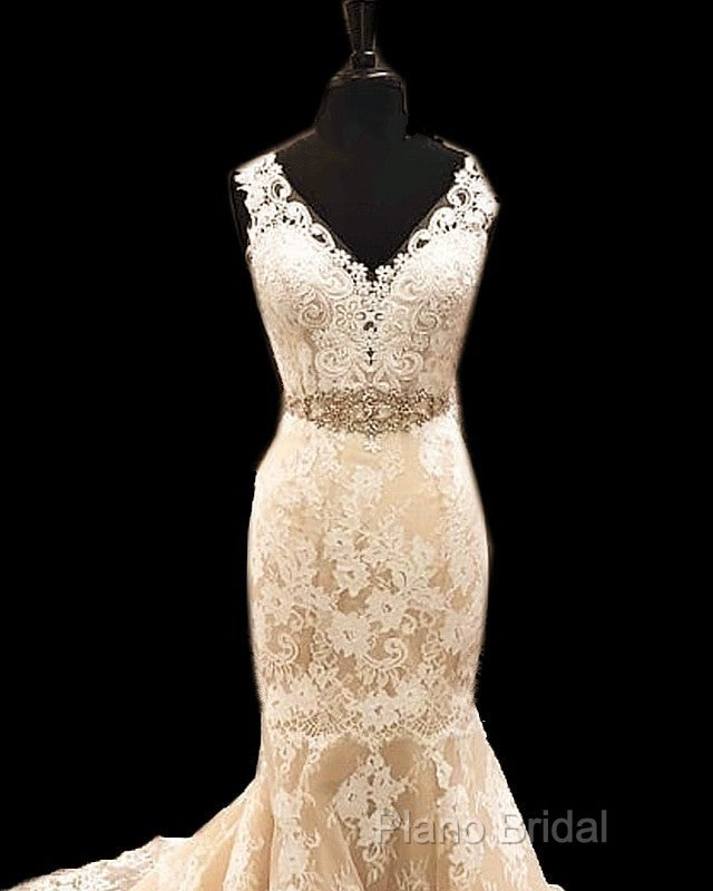 Lace Cap Sleeves Mermaid Wedding Dresses V Neck With Sashes