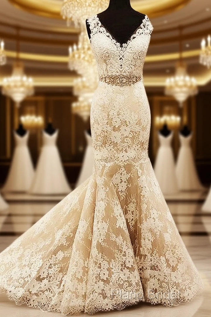 Lace Cap Sleeves Mermaid Wedding Dresses V Neck With Sashes Main image