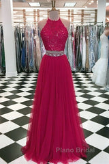 Lace Crop Top Tulle Formal Prom Dresses Two Piece Evening Gowns Beaded Sashes