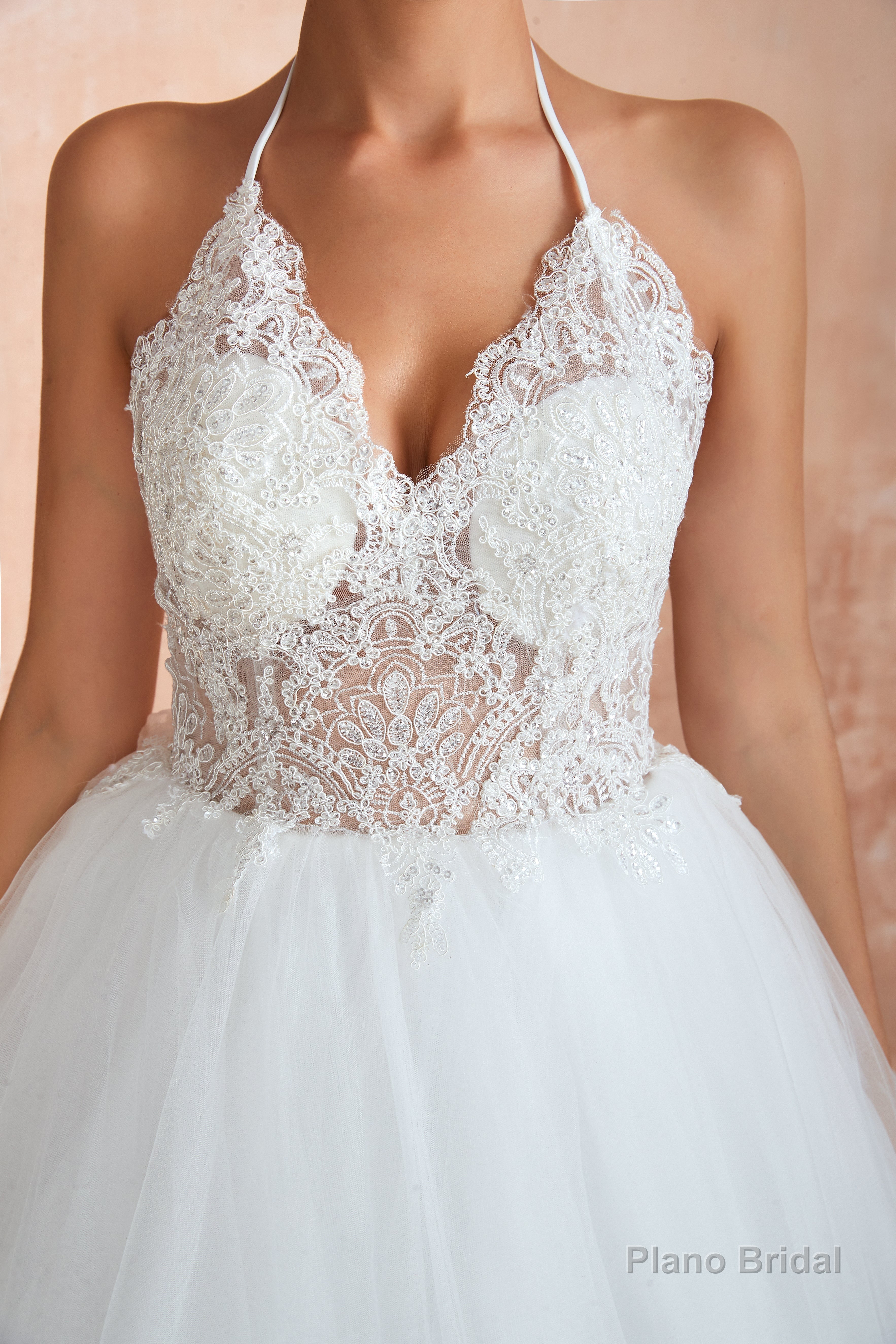 Lace Halter See-through Multi-Layers White Wedding Dresses with Open Back