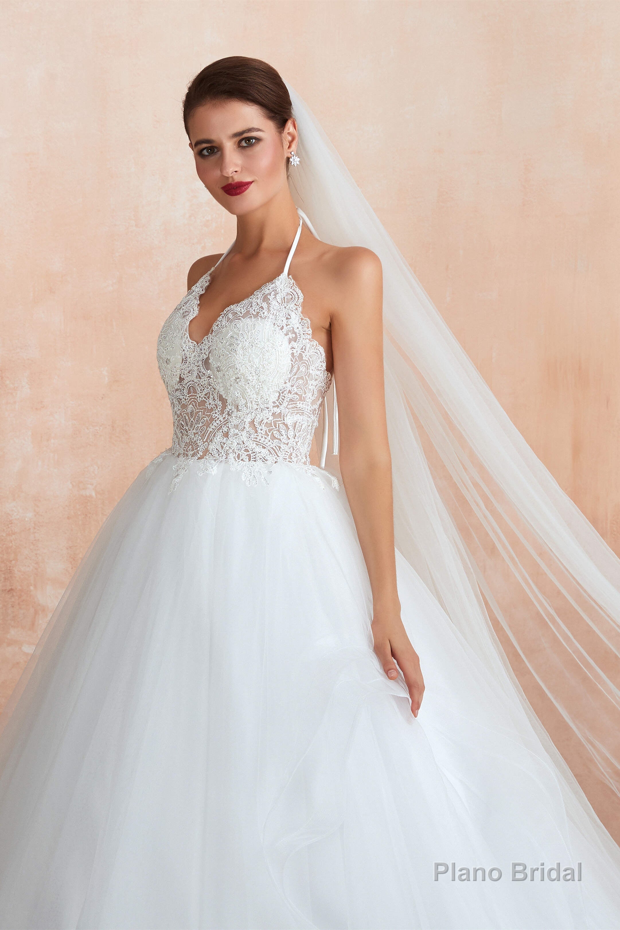 Lace Halter See-through Multi-Layers White Wedding Dresses with Open Back