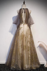 Lace Long Appliques Champagne Tulle Formal Prom Dresses