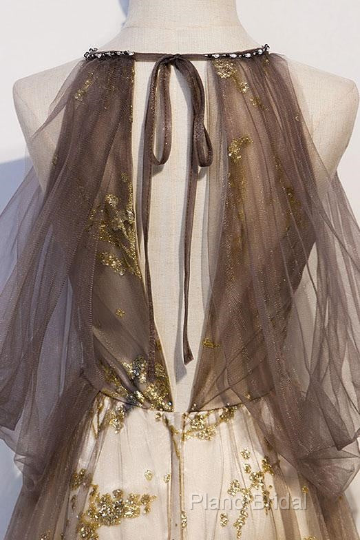 Lace Long Appliques Champagne Tulle Formal Prom Dresses