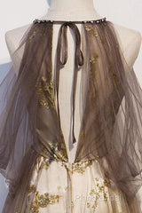 Lace Long Appliques Champagne Tulle Formal Prom Dresses