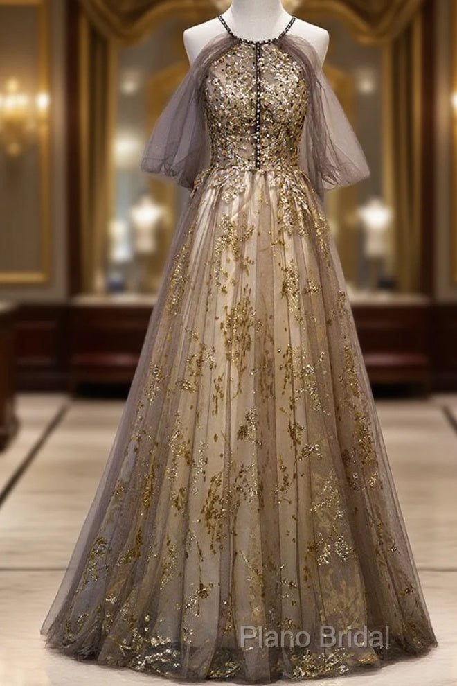 Lace Long Appliques Champagne Tulle Formal Prom Dresses Main image