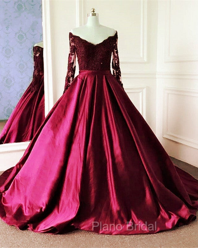 Lace Long Sleeves Ball Gown Satin Dresses Off The Shoulder