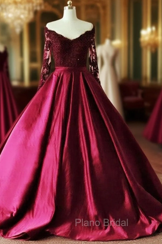 Lace Long Sleeves Ball Gown Satin Dresses Off The Shoulder Main image