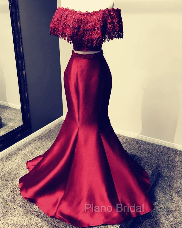 Lace Off Shoulder Mermaid Two Piece Formal Prom Dresses