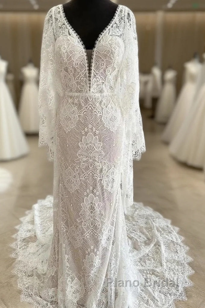 Lace Plunge V Mermaid Long Wedding Dresses With Bell Sleeves Main image