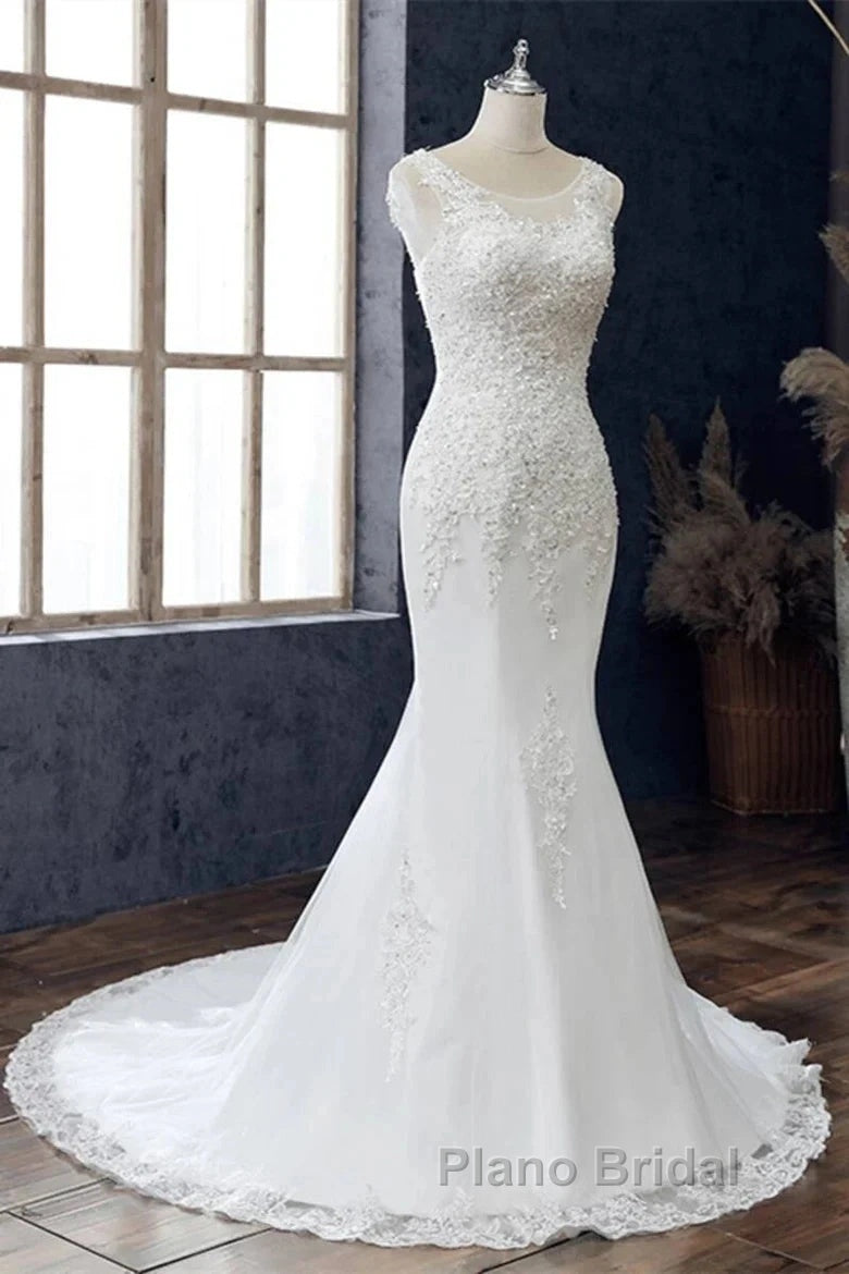 Lace Round Neck Sleeveless Trumpet Wedding Dresses