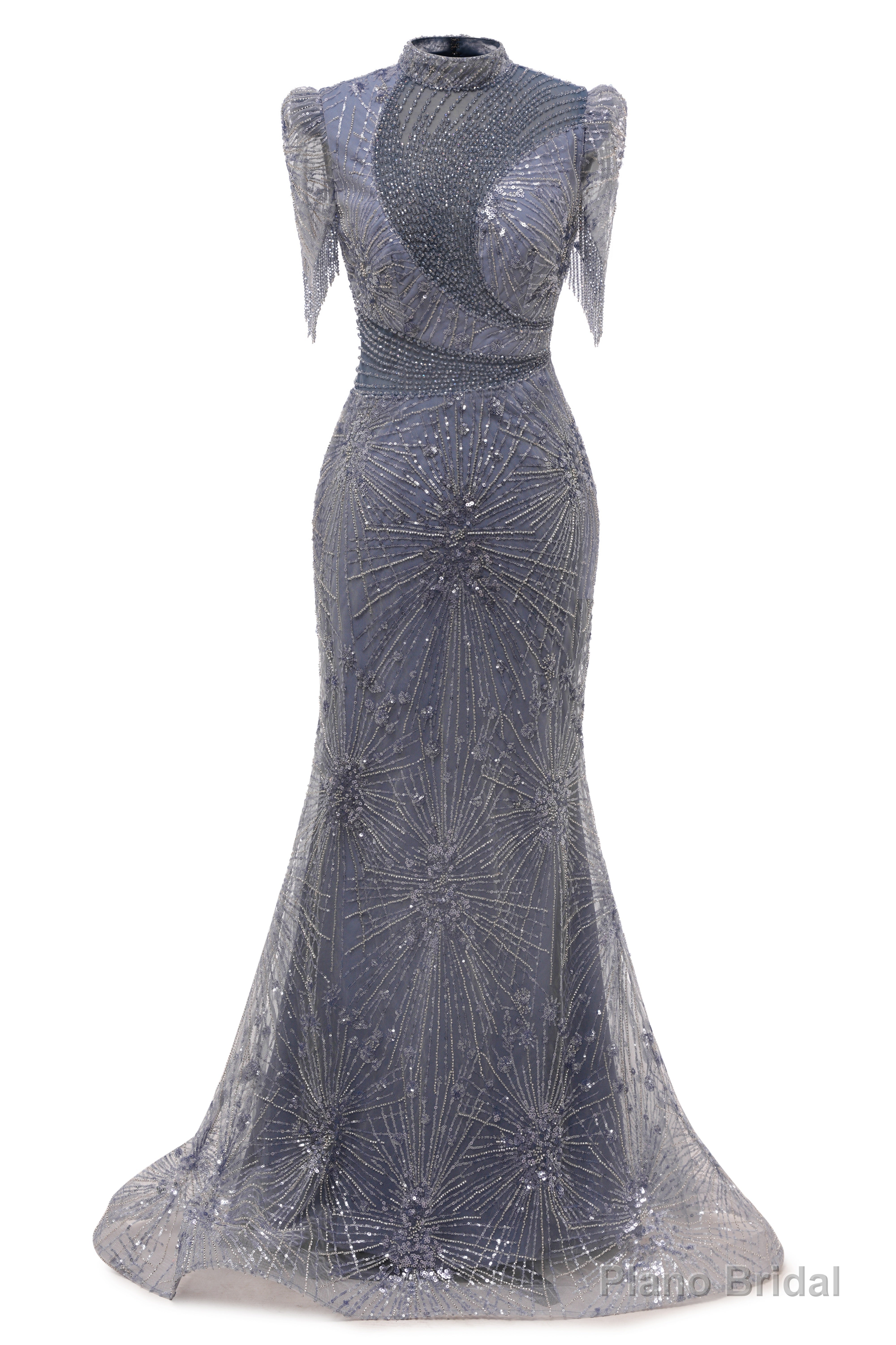 Lace Sequin Long Grey Prom Dresses High Neck Beaded Mermaid Long Evening Dresses Main image