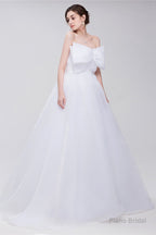 Lace Sheer Waist Long Pleated A-line Train Wedding Dresses with Half Sleeves